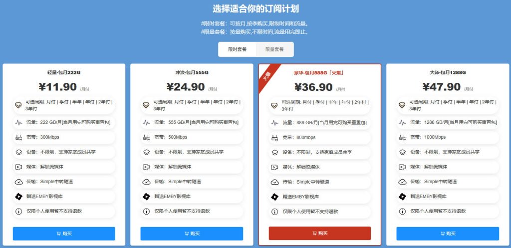 包月套餐，最低12元起步，222G流量