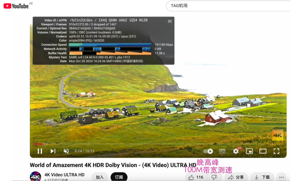 TAG机场 YouTube加载速度测速